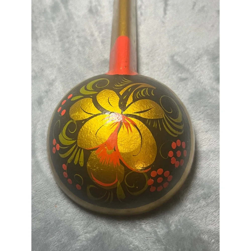 Vintage Hand Painted Wooden Ladle Spoon Folk Art Floral Red Black 11in